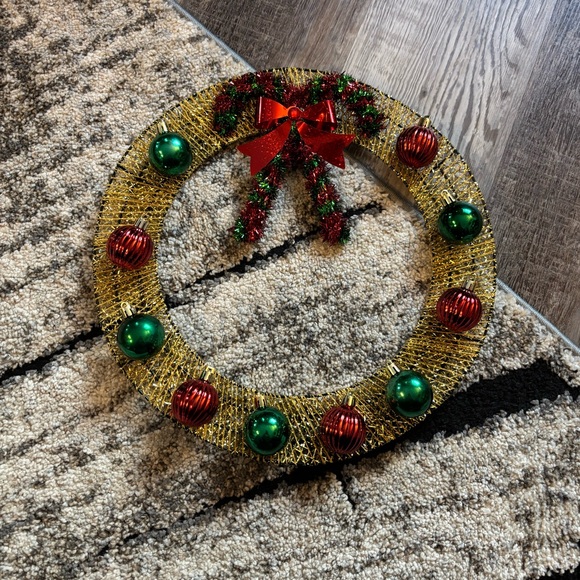 Other - Christmas holiday wreath green red gold bulbs homemade handmade candy canes 14”